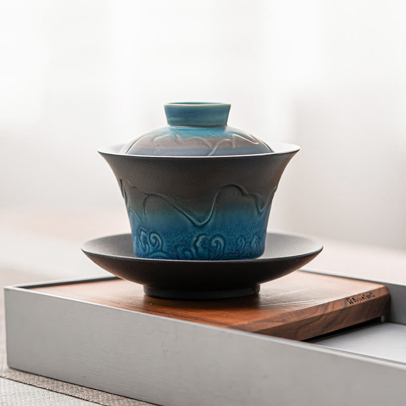 Taza de té de cerámica con gradiente de olas del mar, Retro Azul de Buddha Stones , Gaiwan Sancai, taza de té de Kung Fu y platillo con tapa