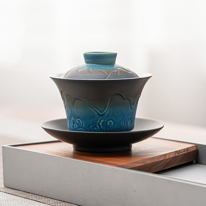 Taza de té de cerámica con gradiente de olas del mar, Retro Azul de Buddha Stones , Gaiwan Sancai, taza de té de Kung Fu y platillo con tapa