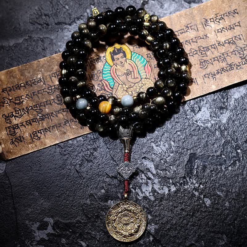 Pulsera de riqueza de piedra de ojo de águila de ojo de tigre de obsidiana con brillo dorado de 108 cuentas Mala