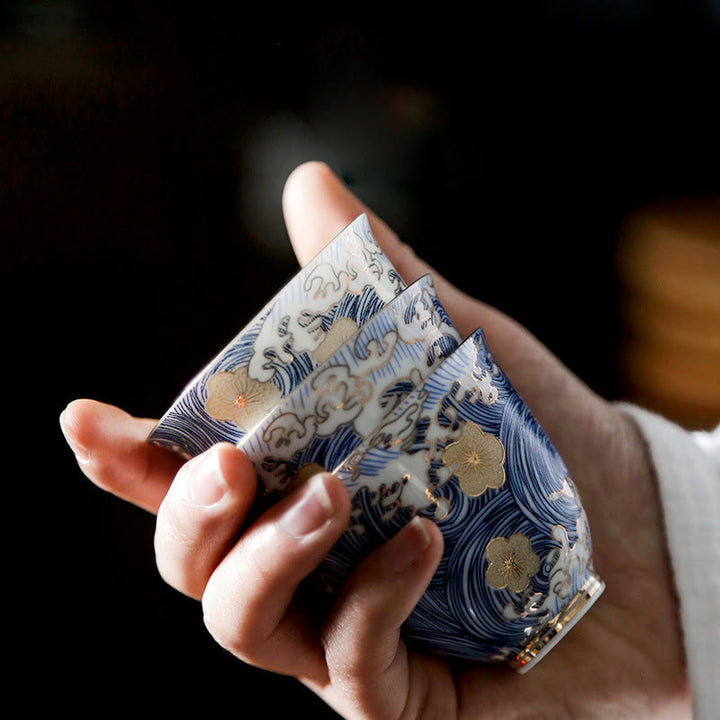 Tazas de té de cerámica con ondas del océano y el mar Vintage de Buddha Stones