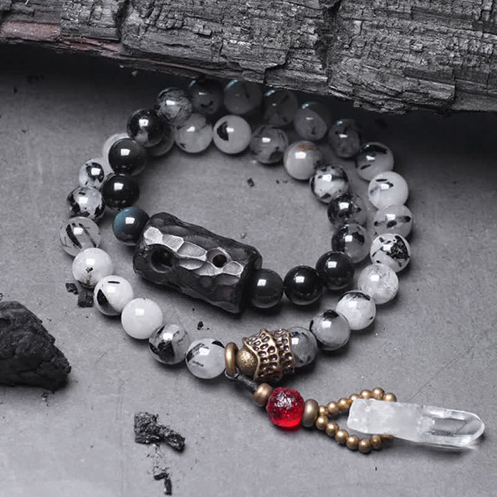 Pulsera de pareja de éxito de cristal blanco de madera de ébano de cuarzo rutilado negro