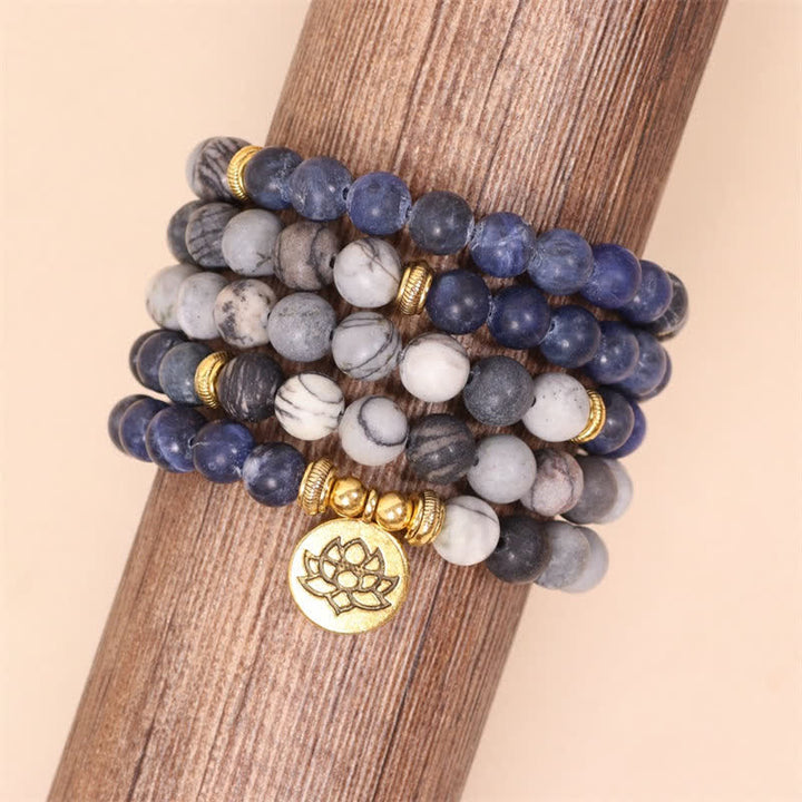 Pulsera de fuerza de loto con Buddha Stones, 108 cuentas de Mala, sodalita, cebra, jaspe, cristal