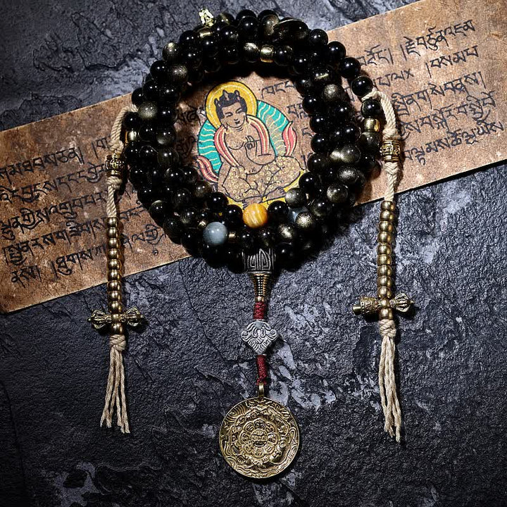 Pulsera de riqueza de piedra de ojo de águila de ojo de tigre de obsidiana con brillo dorado de 108 cuentas Mala