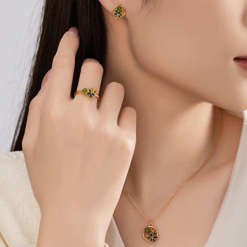 Juego de pendientes y anillo con colgante de flor de Jade cian hetiano Natural de plata de ley 925 con Buddha Stones
