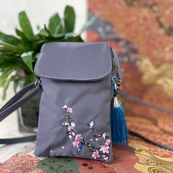 Buddha Stones, resistente al agua, hecho a mano, bordado, flores de loto, bolso de hombro, bolso para teléfono móvil