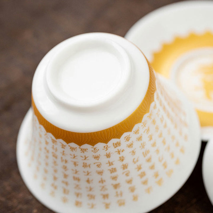 Taza de té y platillo con tapa, taza de té de cerámica Gaiwan, Sutra del corazón budista, Buddha Stones , pequeño personaje Fu, Kung Fu