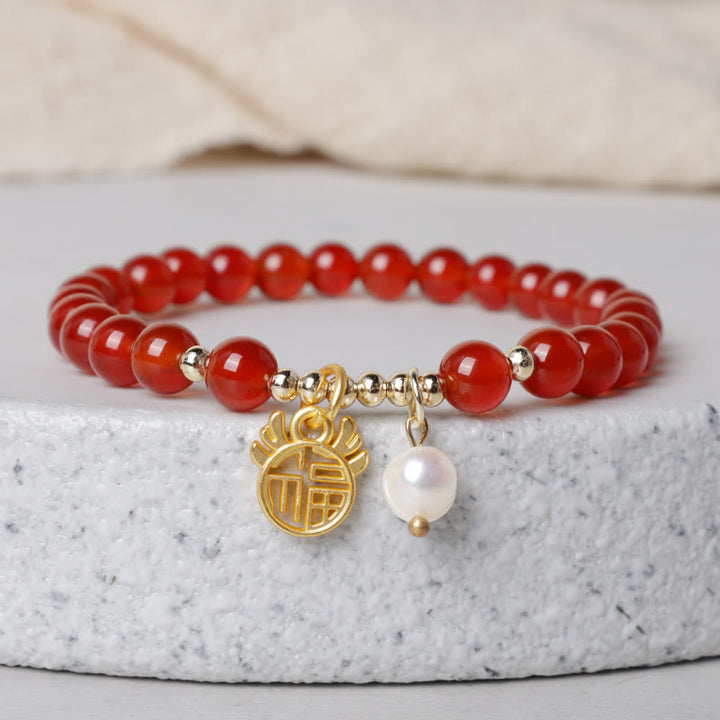 Buddha Stones Año del Dragón Ágata Roja Jade Hebilla de la Paz Pulsera de Éxito del Personaje Fu