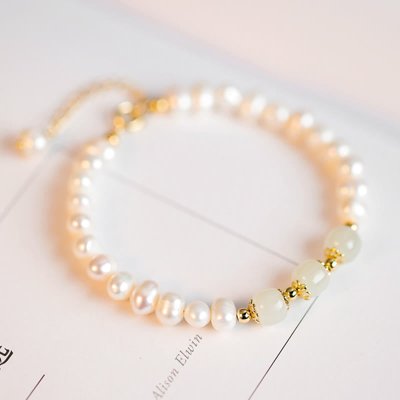 Pulsera de cadena de cuentas de sinceridad de jade blanco de jade cian hetiano con perlas naturales chapadas en oro de 14 quilates