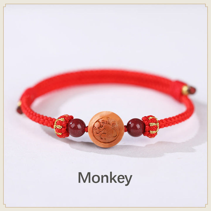 Pulsera de riqueza de cinabrio tallada con carácter del zodíaco chino, madera de melocotón Natural, Buddha Stones - Mono rojo (circunferencia de la muñeca: 14-18 cm) - image 7