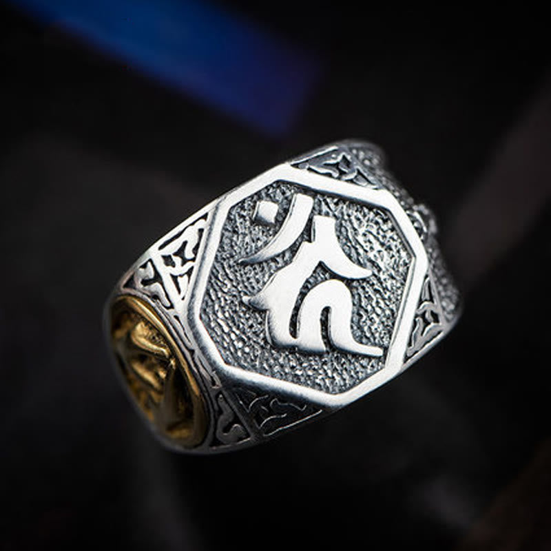 Anillo ajustable de protección tallada con diseño sánscrito de plata de ley 925 con Buddha Stones
