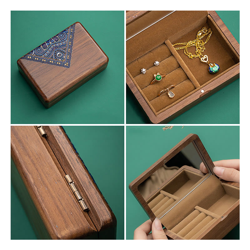 Caja de almacenamiento de joyería vintage hecha a mano de madera de nogal negro con espejo