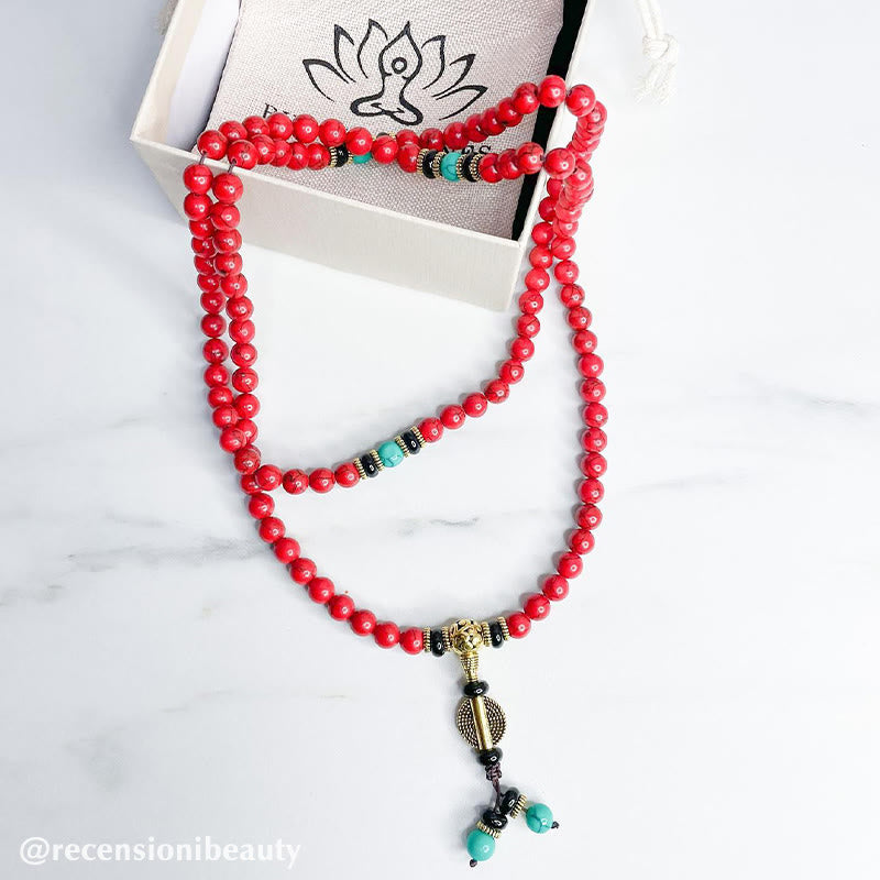 Pulsera con collar de la suerte, mala tibetana, Buddha Stones , color rojo y turquesa