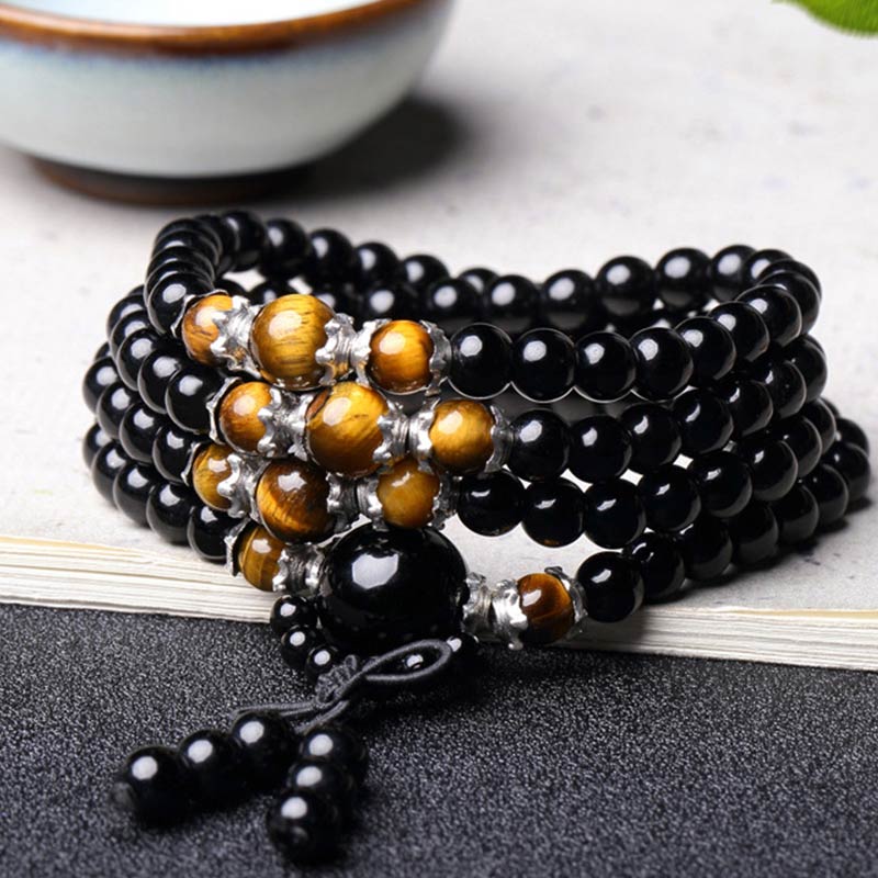 Pulsera Mala de ojo de tigre de obsidiana negra natural con 108 Buddha Stones