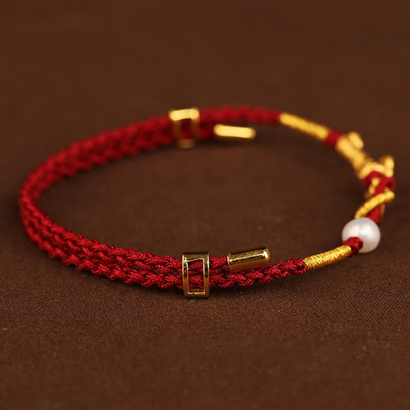 Pulsera trenzada de la suerte con perlas de conejo y mango de Ruyi del deseo de oro de 24 quilates con Buddha Stones - image 7