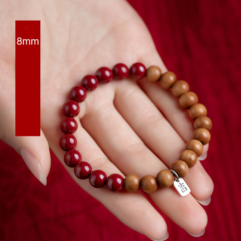 Pulsera de cinabrio de madera de melocotón de plata de ley 925 con Buddha Stones para protegerse de los malos espíritus