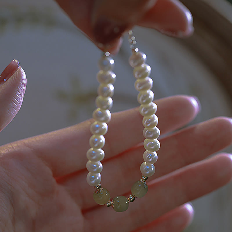 Pulsera de cadena de cuentas de sinceridad de jade blanco de jade cian hetiano con perlas naturales chapadas en oro de 14 quilates