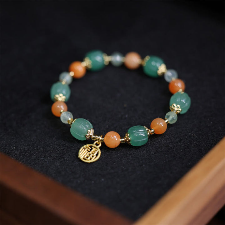 Pulsera de riqueza con dije de personaje Fu, cuentas de calabaza de Jade de seda dorada Natural con Buddha Stones