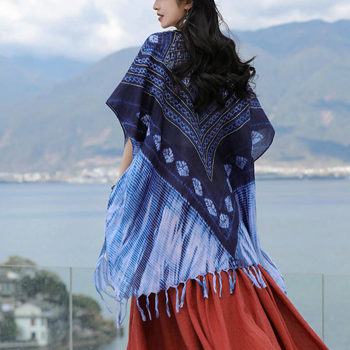 Jersey suave con chal Batik de rayas triangulares azules con Buddha Stones 90*95cm
