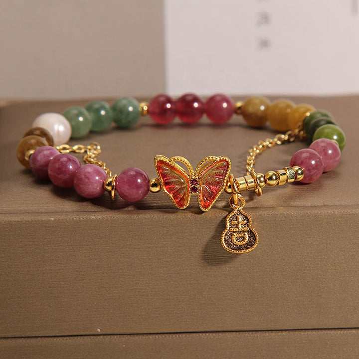 Pulsera positiva con abalorio de calabaza, turmalina colorida Natural, mariposa, carácter auspicioso, Buddha Stones