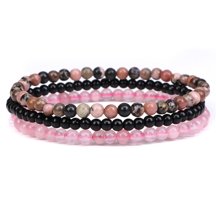 Buddha Stones 3 piezas de piedra de cristal natural paz interior pulsera espiritual - Rodonita de 4 mm, cuentas de vidrio negro y cristal rosa (circunferencia de muñeca: 15-16 cm) - image 5