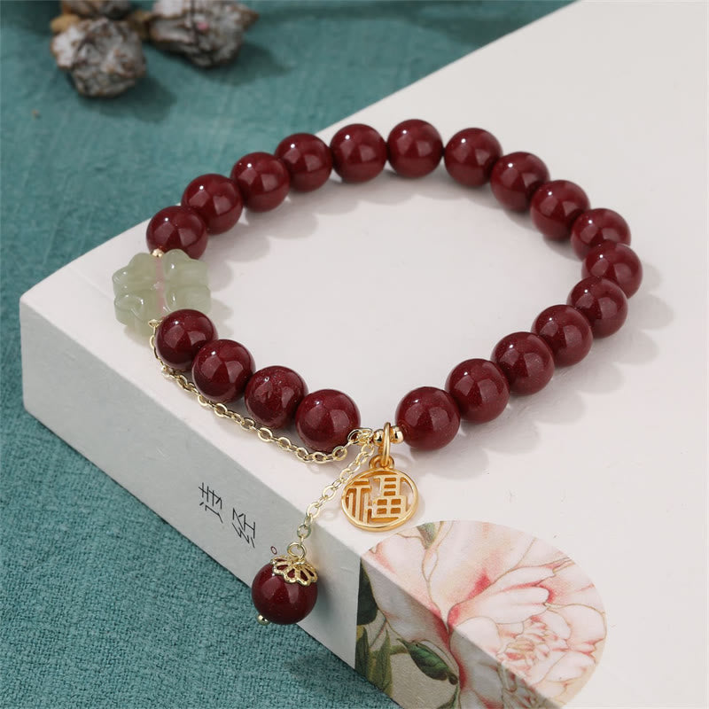 Pulsera de bendición con trébol de cuatro hojas de la suerte, Jade hetiano, cinabrio, Buddha Stones
