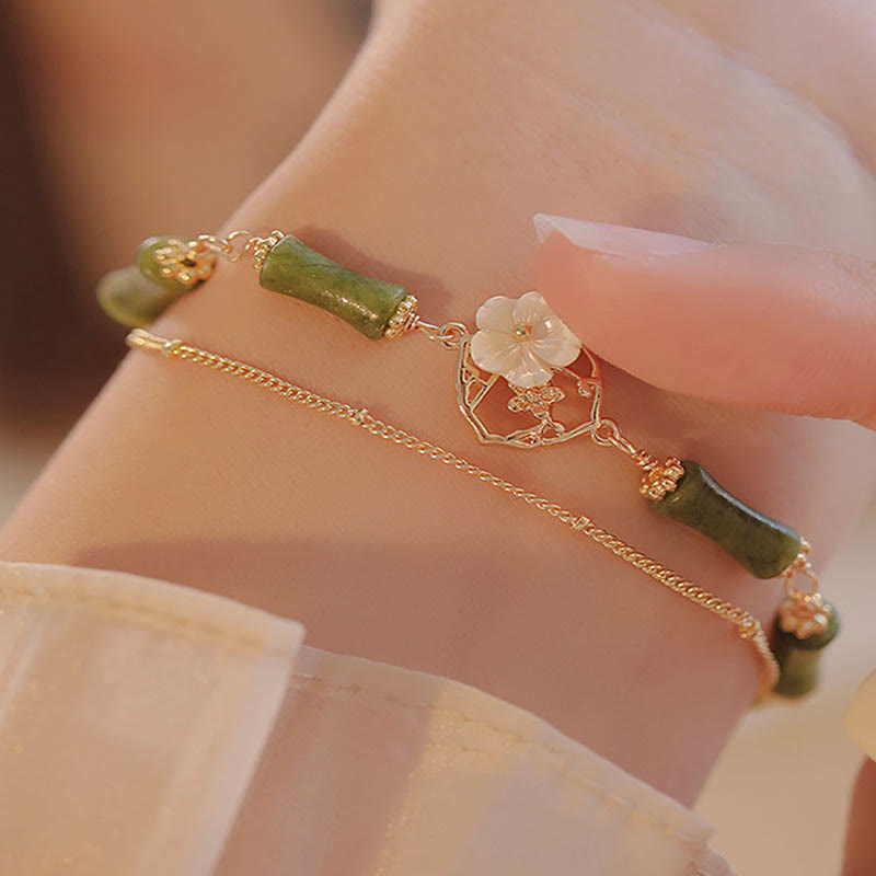 Pulsera de doble capa de cobre chapado en oro de 14 quilates con Buddha Stones , peridoto, flor de bambú y riqueza