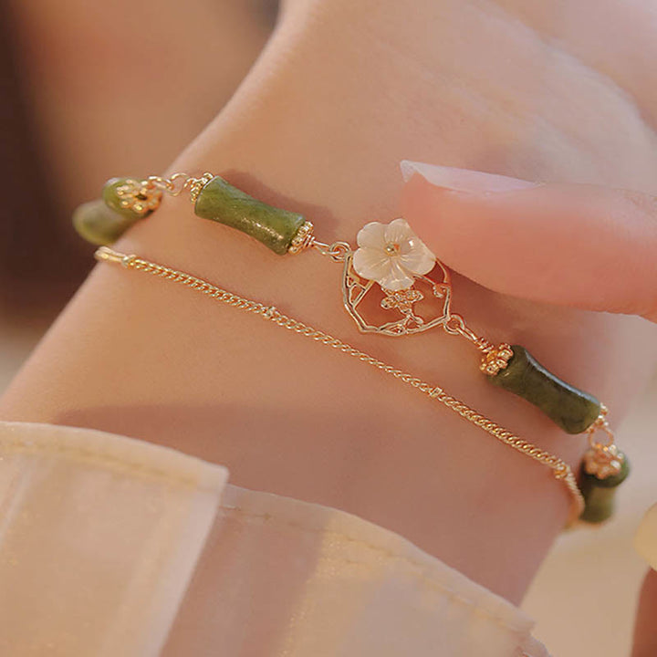 Pulsera de doble capa de cobre chapado en oro de 14 quilates con Buddha Stones , peridoto, flor de bambú y riqueza
