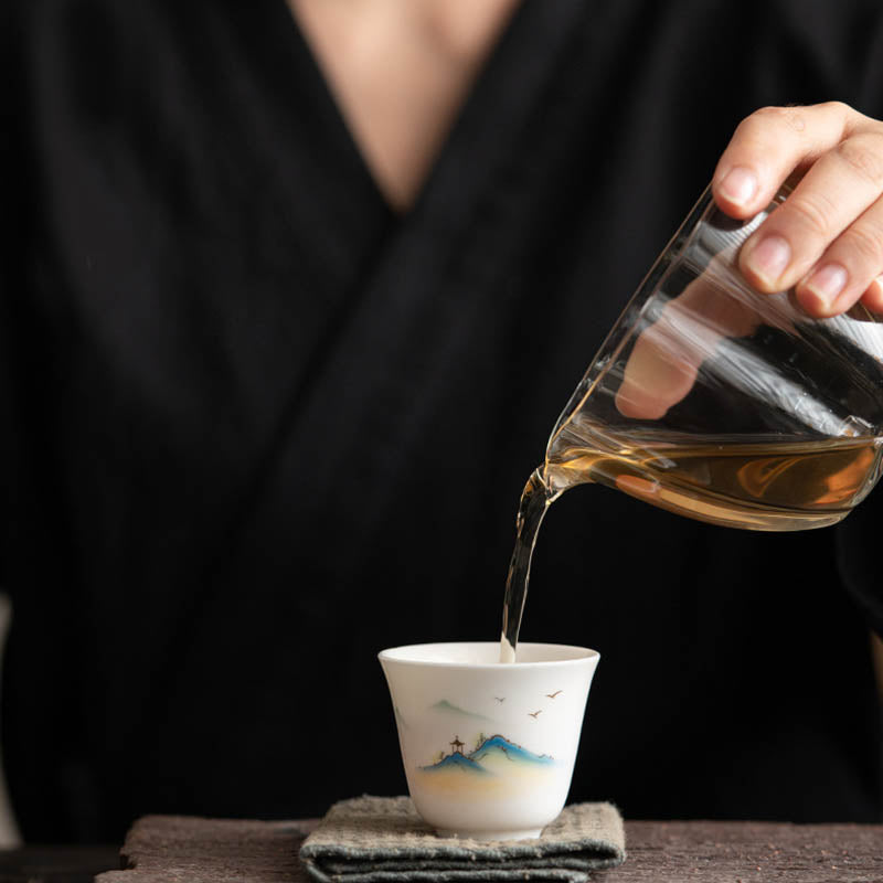 Taza de té de cerámica con Buddha Stones, flor de loto, hoja, montaña, pabellón, alce, peonía, taza de té de Kung Fu