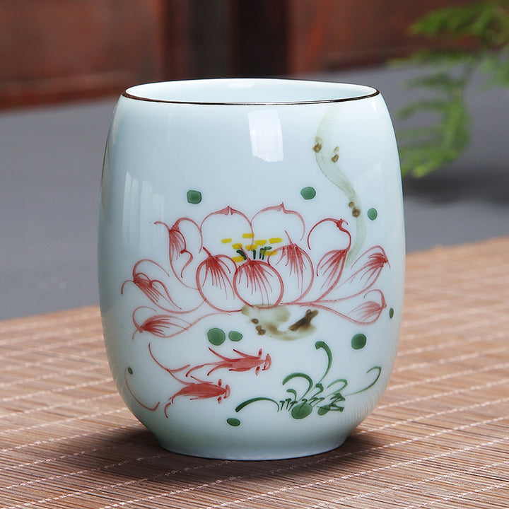 Taza de té de cerámica con Buddha Stones, pez Koi, paisaje de loto, diente de león, flor de peonía, taza de té de Kung Fu