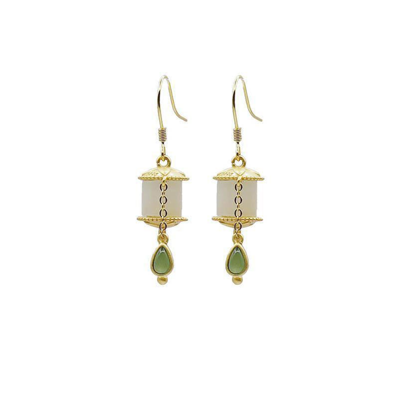 Pendientes colgantes de la suerte con rueda de oración de jade de plata de ley 925 con Buddha Stones