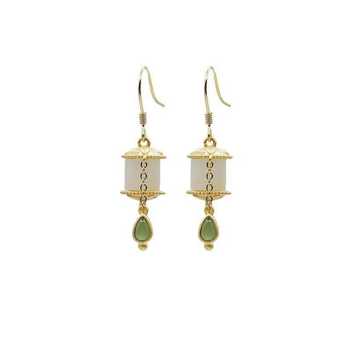 Pendientes colgantes de la suerte con rueda de oración de jade de plata de ley 925 con Buddha Stones
