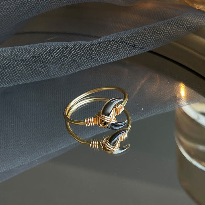 Buddha Stones Anillo de bendición de oro de 14 quilates con piedra Tridacna natural y luna - Negro - 61~62 mm - image 12