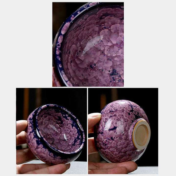 Taza de té de porcelana con Buddha Stones, flores de Iris coloridas, horno chino Jianzhan, cambio, Tenmoku, Kung Fu