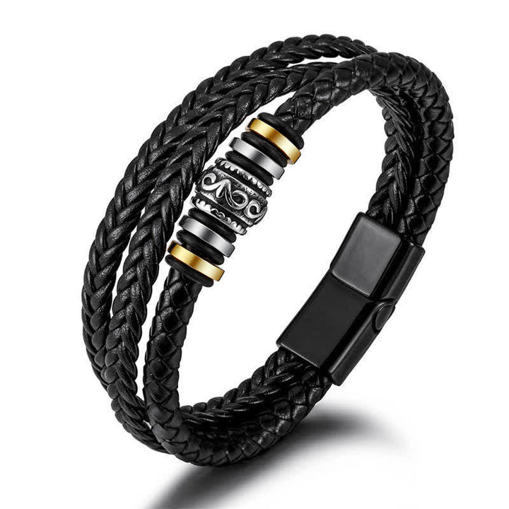Pulsera trenzada con equilibrio de acero y titanio en capas de cuero con Buddha Stones