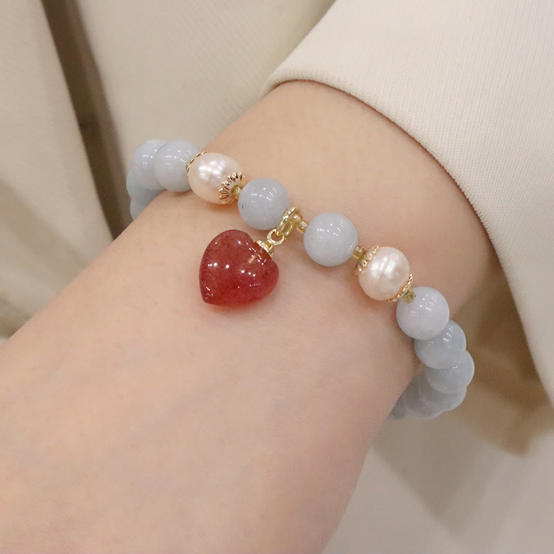 Pulsera con dije de gato, calabaza, conejo, calcedonia, aguamarina natural , Buddha Stones - Corazón de amor de cuarzo fresa y aguamarina - image 9