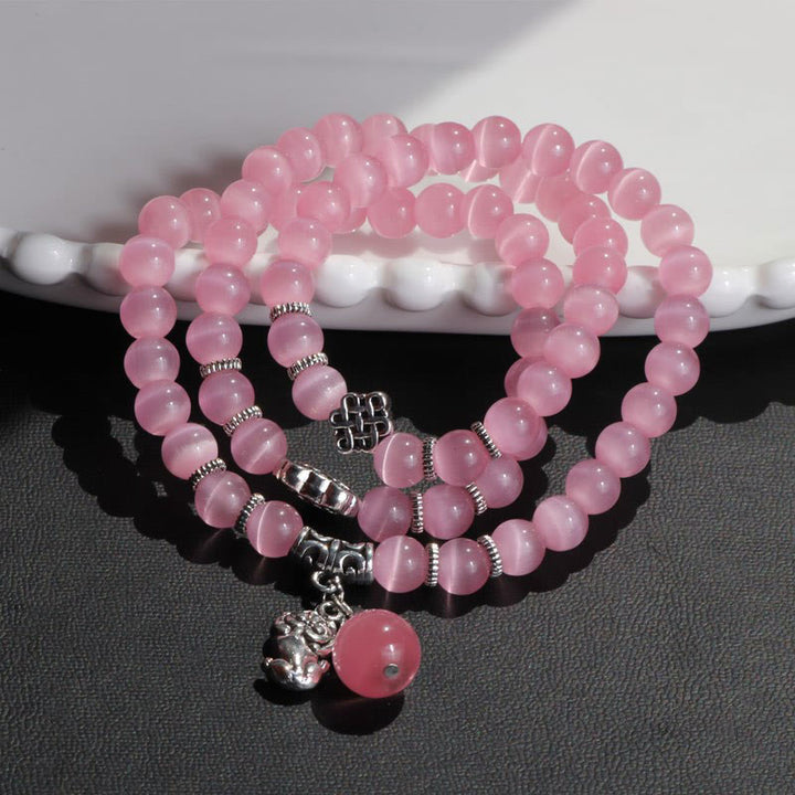 Pulsera de triple vuelta con soporte PiXiu de ojo de gato y Buddha Stones
