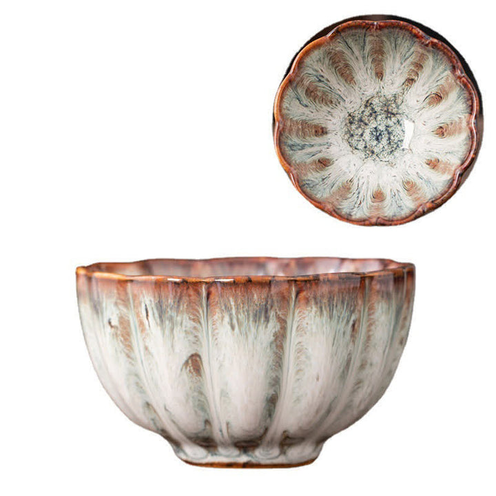 Tazas de té de cerámica con diseño de flor de melocotón y Buddha Stones
