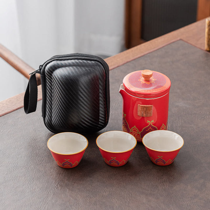 Tetera de cerámica de Gongfu chino con flores de Buddha Stones , bolsa portátil para juego de té de viaje al aire libre - Rojo - 1 Tetera+3 Tazas+1 Bolsa - image 23