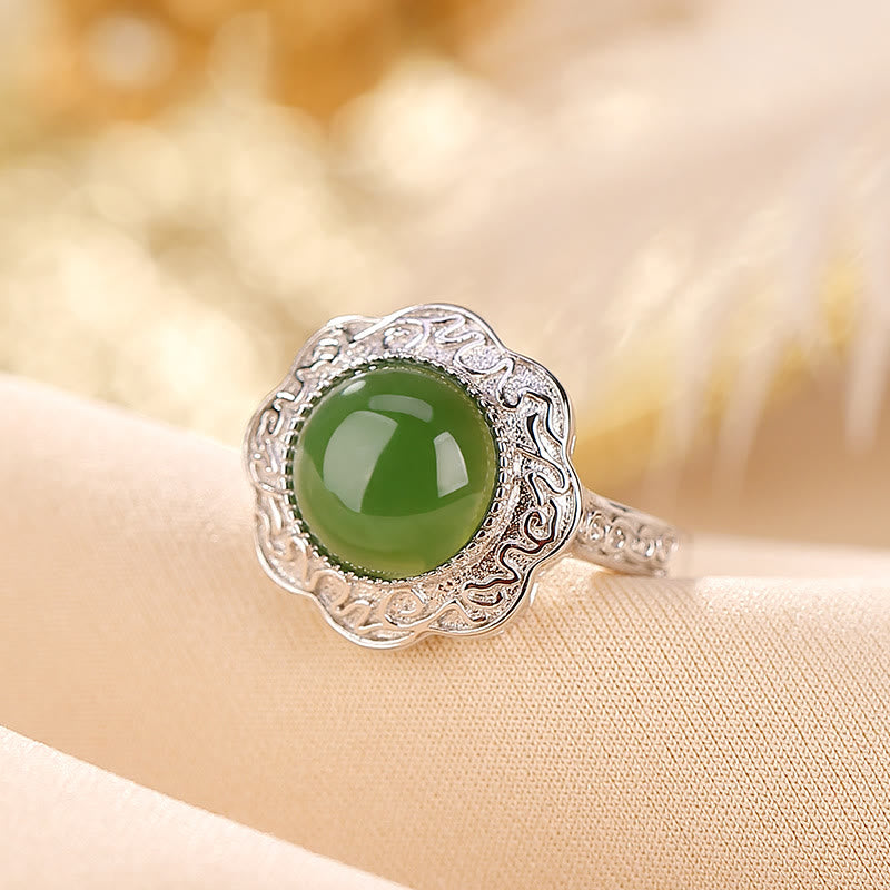 Anillo ajustable de la suerte con diseño de flor de jade cian hetiano de plata de ley 925 con Buddha Stones - image 1