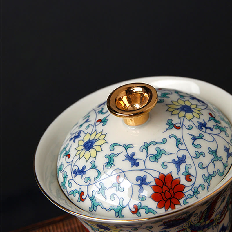 Buddha Stones Retro, flor de ciruelo, pino, bambú, Phoenix, Kirin, cerámica, Gaiwan Sancai, taza de té de Kung Fu y platillo con tapa