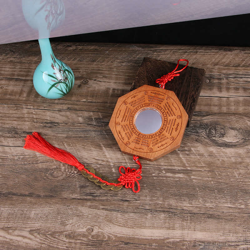 Feng Shui Bagua Mapa Madera de Durazno Monedas de Cinco Emperadores Equilibrio de Nudos Chinos Espejo de Mapa de Energía - 20*2 cm - Espejo convexo - Mapa de Bagua y cinco monedas del Emperador - image 1