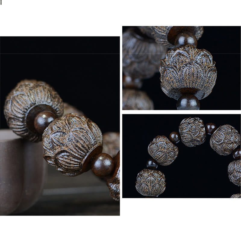 Pulsera de equilibrio grabada con dragón de loto, dieciocho arhats, madera de ébano, Buddha Stones