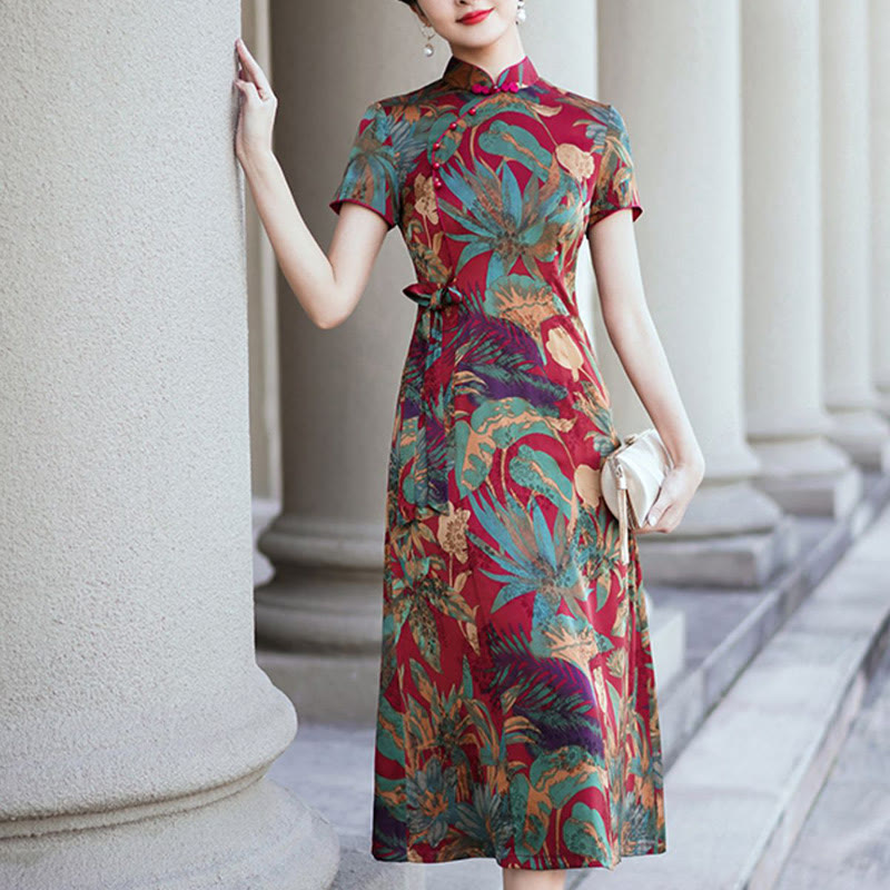Vestido Qipao de seda con Buddha Stones, vestido Cheongsam con patrón de hojas y flores Retro para mujer