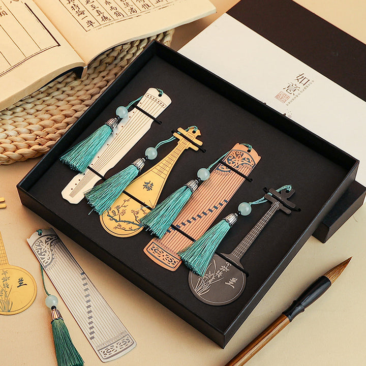 Buddha Stones instrumentos musicales clásicos Pipa Guzheng Guqin Ruan marcapáginas de Metal borla con caja de regalo