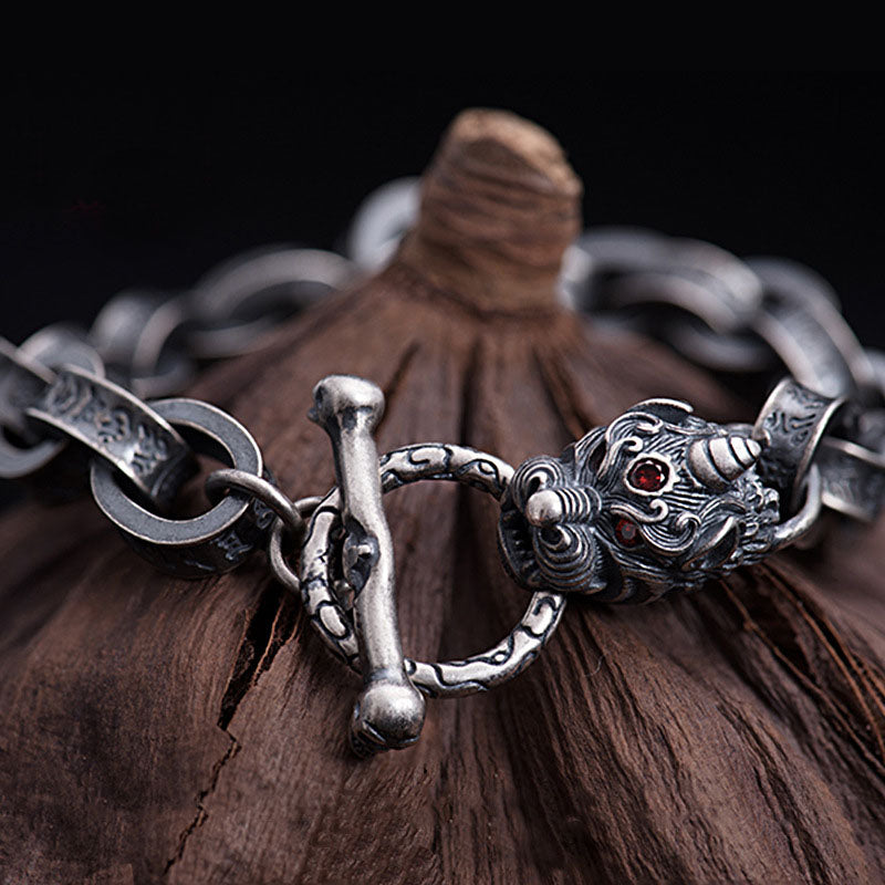 Brazalete de plata de ley 925 con diseño de dragón Kirin Om Mani Padme Hum y fuerza de éxito