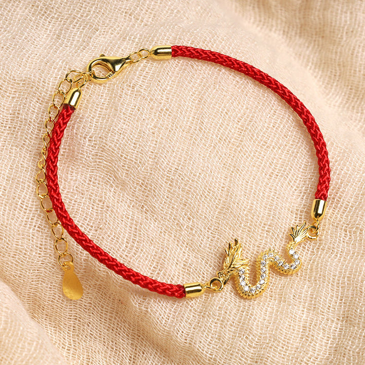 Pulsera de cadena de cuerda roja de la suerte del dragón dorado del Año del Dragón de Plata de Ley 925 con piedras de Buda