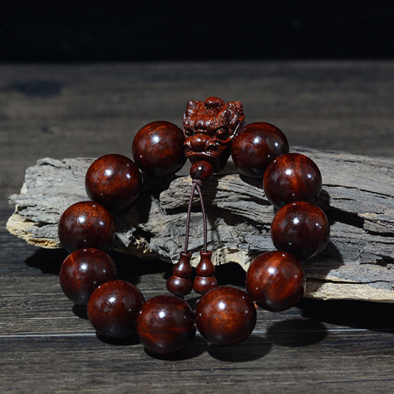 Pulsera de protección tallada con dragón de madera de agar, Buddha Stones , palisandro, sándalo verde, hoja pequeña, sándalo rojo