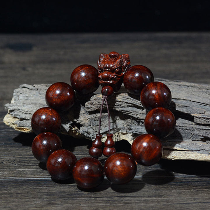 Pulsera de protección tallada con dragón de madera de agar, Buddha Stones , palisandro, sándalo verde, hoja pequeña, sándalo rojo