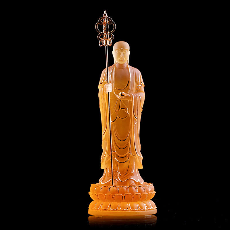 Buddha Stones hechas a mano, estatuilla de Bodhisattva Ksitigarbha, pieza de arte de cristal Liuli, estatua de serenidad, decoración del hogar - Color ámbar y dorado 7,8 x 7,8 x 20 cm - image 6
