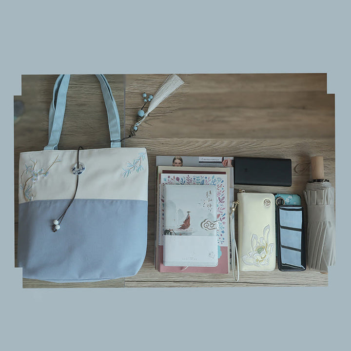 Bolso de hombro de gran capacidad con bordado de bambú, flor de pera, ciruelo, flor de melocotón, bolso de mano